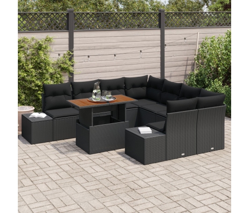 Conjunto de Sofá de Jardín  Set de 9 Negro Mimbre, Tela