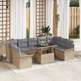 Conjunto de Sofá de Jardín de 10 Piezas con Cojines Beige de Poliratán