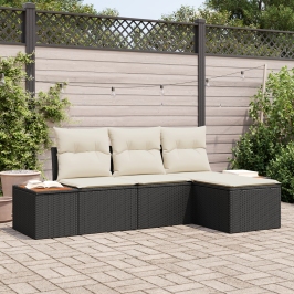Conjunto de Sofá de Jardín de 4 Piezas con Cojines Negro Ratán Sintético Acacia