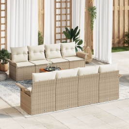 Juego de Sofá de Jardín de 9 piezas con Cojines Beige Ratán Polipropileno Acacia