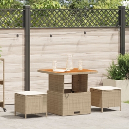 Conjunto de Comedor de Jardín de 3 Piezas con Cojines Beige de Ratán Poliéster y Acacia
