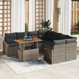 Juego de Comedor de Jardín de 9 Piezas con Cojines Gris de Ratán Poliéster Acacia