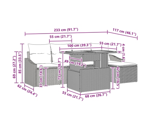 Set de 6 Piezas de Comedor de Jardín con Cojines Beige de Poliratán