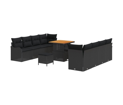 Juego de Sofá de Jardín de 11 Piezas con Cojines Negro Ratán Poli Acacia,  Sofá de Jardín de 2 Plazas con Cojines Negro Ratán Poli,  Juego de Comedor de Jardín de 3 Piezas con Cojines Negro Ratán Poli Acacia