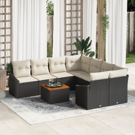 Conjunto de Sofás de Jardín  de 9 Piezas con Cojines Negro Poliratán Acacia