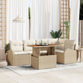 Juego de Comedor para Jardín de 6 Piezas con Cojines Beige de Poliratán Acacia