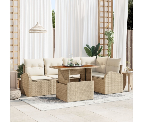 Juego de Comedor para Jardín de 6 Piezas con Cojines Beige de Poliratán Acacia