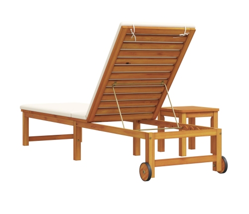 Tumbona con Mesa y Cojín de Madera Sólida de Acacia,  Tumbona con Cojines Crema de Madera Sólida de Acacia,  Mesa Lateral de Jardín 35x35x34 cm de Madera Sólida de Acacia
