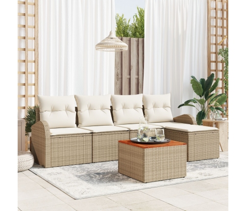 Conjunto de Sofá de Jardín  de 6 piezas con Cojines Beige de Poliratán Acacia