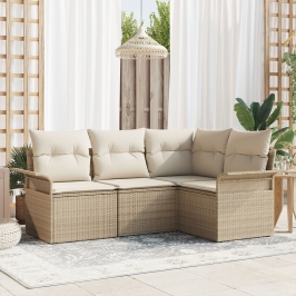 Conjunto de sofá de jardín de 4 piezas con cojines Beige Ratán sintético