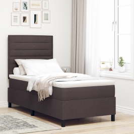 Cama con Base de Resortes con Colchón y LED Marrón Oscuro 100x200 cm Tela