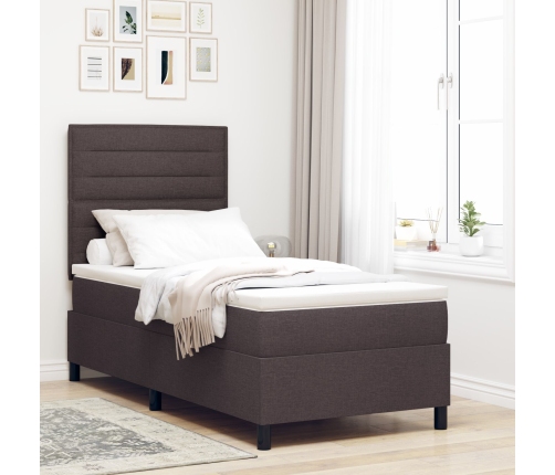 Cama con Base de Resortes con Colchón y LED Marrón Oscuro 100x200 cm Tela