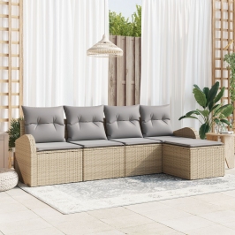 Conjunto de Sofá de Jardín de 5 Piezas con Cojines Beige de Poliratán