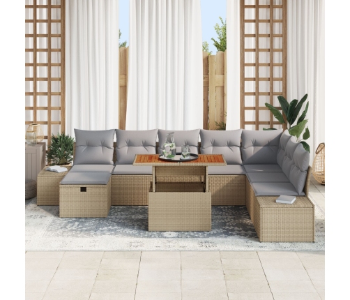 Set de Comedor de Jardín de 9 Piezas con Cojines Beige Ratán Polimérico Acacia