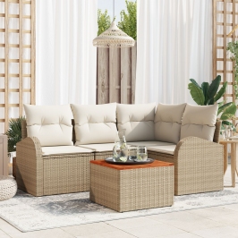Juego de Sofá de Jardín de 5 Piezas con Cojines Beige Poliratán Acacia
