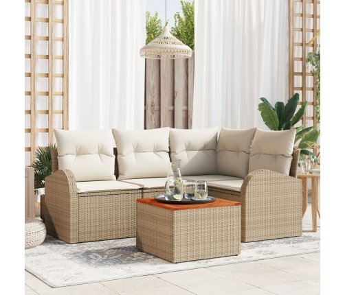 Juego de Sofá de Jardín de 5 Piezas con Cojines Beige Poliratán Acacia