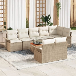 Conjunto de Sofás de Jardín de 9 Piezas con Cojines Beige Poliratán Acacia
