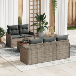 Conjunto de Sofá de Jardín de 6 Piezas con Cojines Gris Ratán Sintético Acacia, Sofá de Jardín de 2 Plazas con Cojines Gris Ratán Sintético
