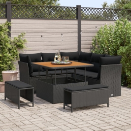 Set de Sofá de Jardín de 8 Piezas con Cojines Ratán Poliéster Acacia Negra,  Set de Comedor de Jardín de 3 Piezas con Cojines Ratán Poliéster Acacia Negra