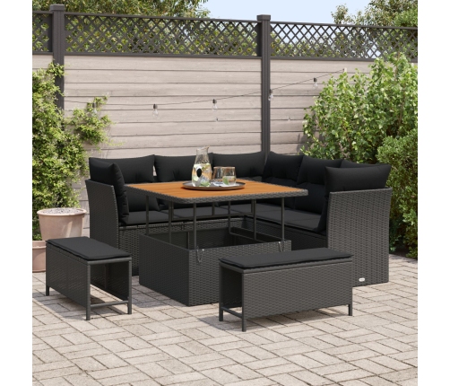 Set de Sofá de Jardín de 8 Piezas con Cojines Ratán Poliéster Acacia Negra,  Set de Comedor de Jardín de 3 Piezas con Cojines Ratán Poliéster Acacia Negra