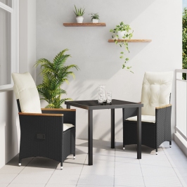 Conjunto de Comedor de Jardín  de 3 Piezas con Cojines de Ratán Poliéster Negro