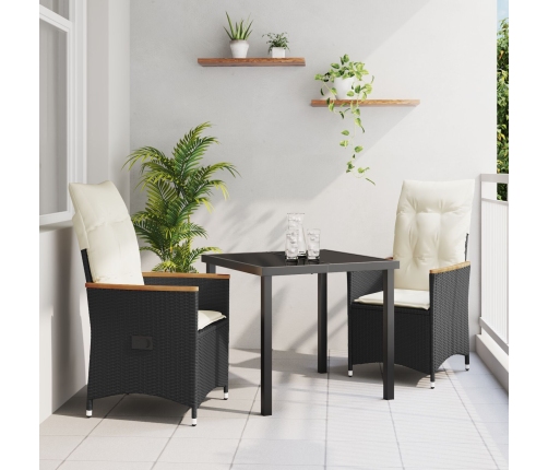 Conjunto de Comedor de Jardín  de 3 Piezas con Cojines de Ratán Poliéster Negro