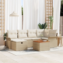 Conjunto de Sofá de Jardín de 7 Piezas con Cojines Beige Ratán Poliéster