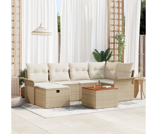 Conjunto de Sofá de Jardín de 7 Piezas con Cojines Beige Ratán Poliéster