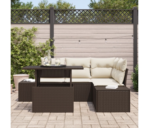 Conjunto de sofá de jardín de 5 piezas con cojines marrón de poli-rattan