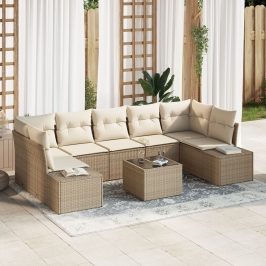 Conjunto de Sofás de Jardín de 8 Piezas con Cojines Beige Ratán Poliéster