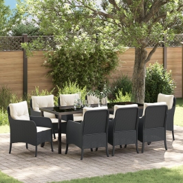 Conjunto de Comedor de Jardín  de 9 Piezas con Cojines Negro rattan Poliéster