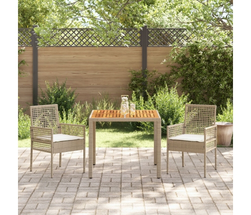 Juego de Comedor de Jardín de 3 Piezas con Cojines Beige de Ratán Poliéster