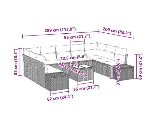 Conjunto de Sofá de Jardín  Set de 10 Negro Ratán, Poliéster, Acero