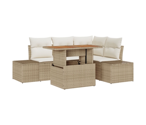 Conjunto de Comedor de Jardín de 5 Piezas con Cojines Beige Ratán Poliéster Acacia