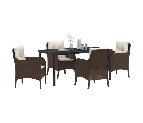 Juego de Comedor de Jardín  de 5 Piezas con Cojines Marrón Poliratán
