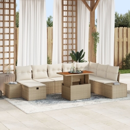 Juego de Sofás de Jardín de 9 Piezas con Cojines Beige Poliratán