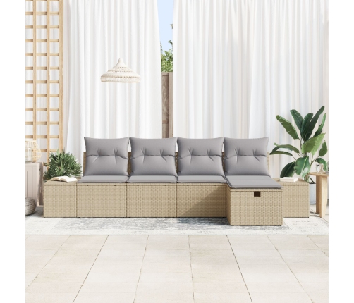 Conjunto de Sofá de Jardín  de 5 Piezas con Cojines Beige de Poliratán
