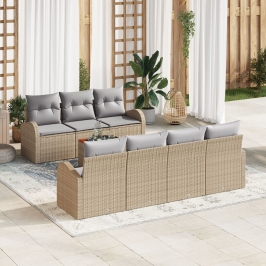 Set de Sofá de Jardín de 8 Piezas con Cojines Beige Poliratán Acacia