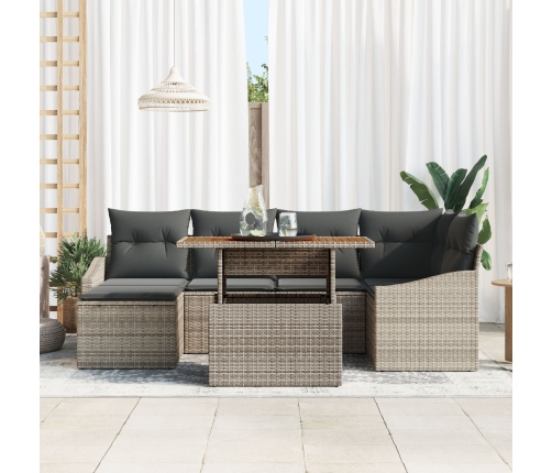Conjunto de Comedor de Jardín de 7 Piezas con Cojines Gris de Ratán de Polietileno Acacia
