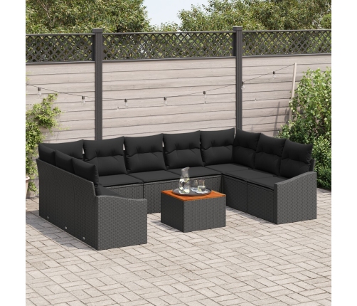 Set de Sofá de Jardín  de 10 piezas con Cojines Negro Poliratán Acacia