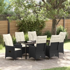 Set de Comedor de Jardín  de 7 Piezas con Cojines en Poliratán Negro