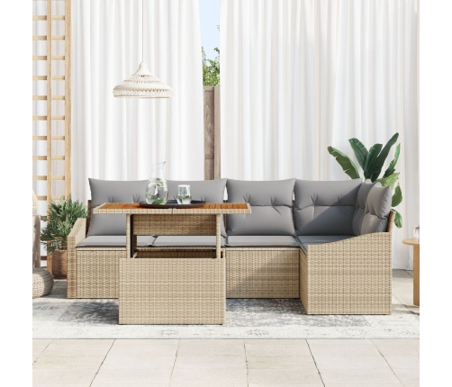 Juego de Comedor de Jardín de 6 Piezas con Cojines Beige de Poliratán y Acacia