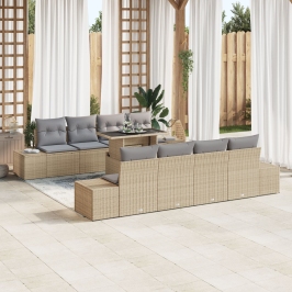 Conjunto de Sofá de Jardín de 9 Piezas con Cojines Beige de Ratán Poliéster