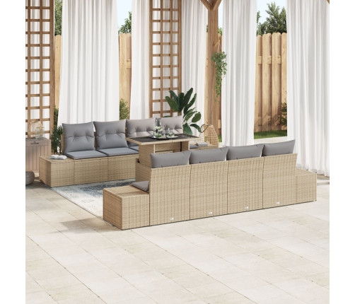 Conjunto de Sofá de Jardín de 9 Piezas con Cojines Beige de Ratán Poliéster