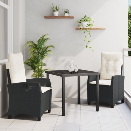 Conjunto de Comedor de Jardín de 3 Piezas con Cojines Negro Poliratán