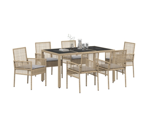 Conjunto de Comedor de Jardín de 7 Piezas con Cojines Beige de Poliratán