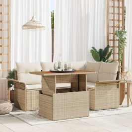 Juego de comedor de jardín de 5 piezas con cojines Beige Polirratán Acacia