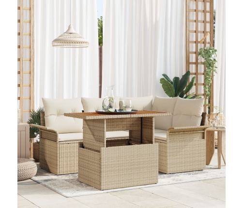 Juego de comedor de jardín de 5 piezas con cojines Beige Polirratán Acacia