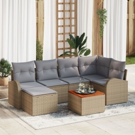 Conjunto de Sofá de Jardín  de 7 Piezas con Cojines Beige Poliratán Acacia