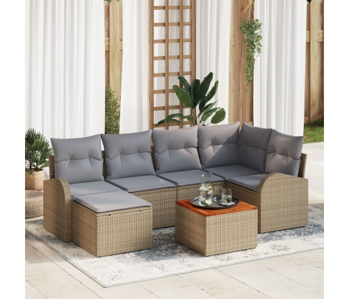Conjunto de Sofá de Jardín  de 7 Piezas con Cojines Beige Poliratán Acacia